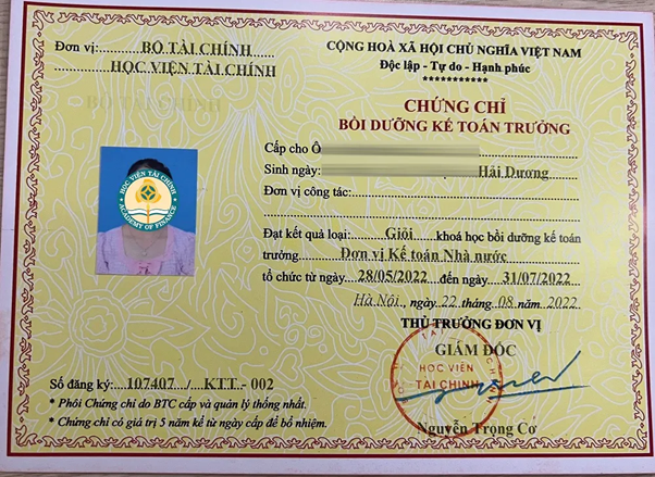 Ví dụ về chứng chỉ kế toán